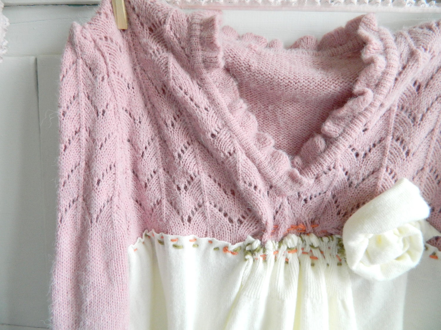 Mary, Mary-Handsewn pink and cream vintage cashmere sweater-size small/medium