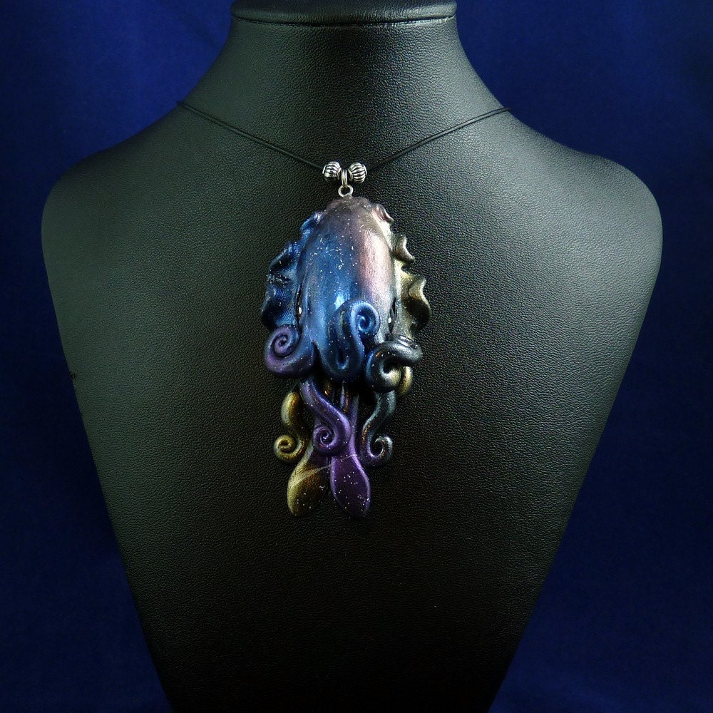 Deep Space Cuttlefish Necklace - Handmade Polymer Clay Jewelry
