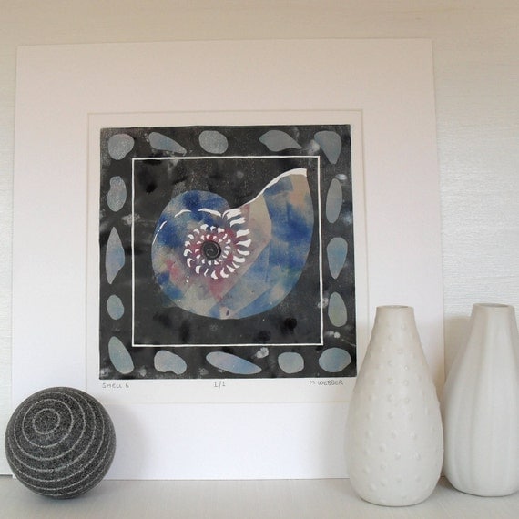 Handprinted seashell lino based print in charcoal grey ocean blue and 