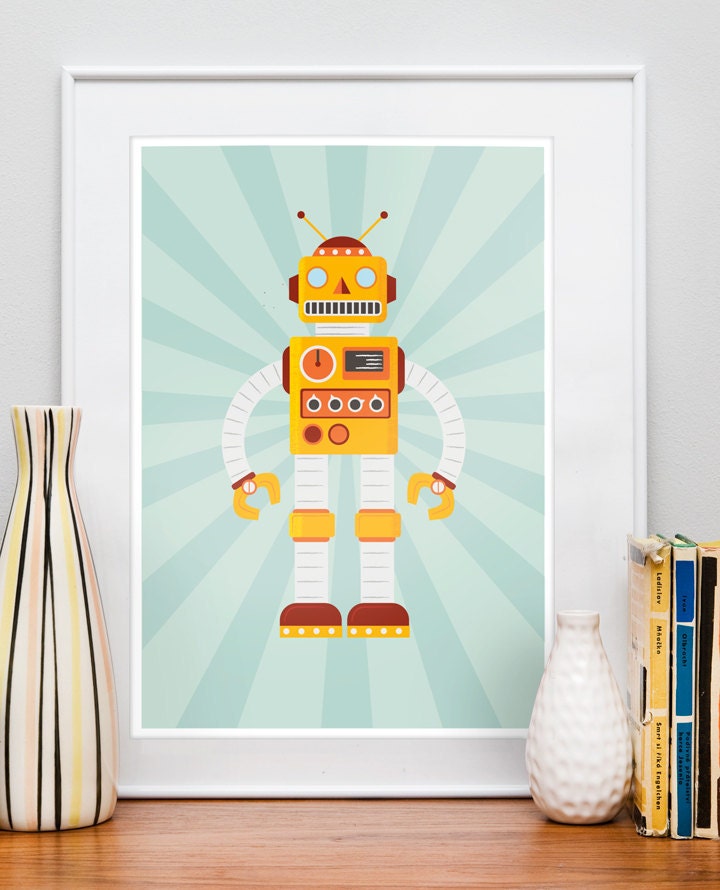 Retro Robot Poster, Nursery art print,  Children's Decor, Kids Art,  Kids room art, Nursery prints,  Baby Nursery print  RETROBOT 2  A3
