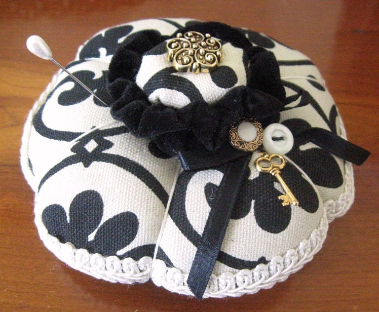 Handmade Pincushion Soft Sculpture BLACK and IVORY Double Handcrafted CharlotteStyle Needlecraft