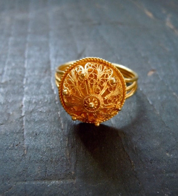 Vintage Gold Filigree Ring 21K India Indian Wedding 80's