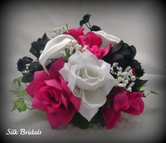 This beautiful silk flower wedding cake topper features hot pink and white 