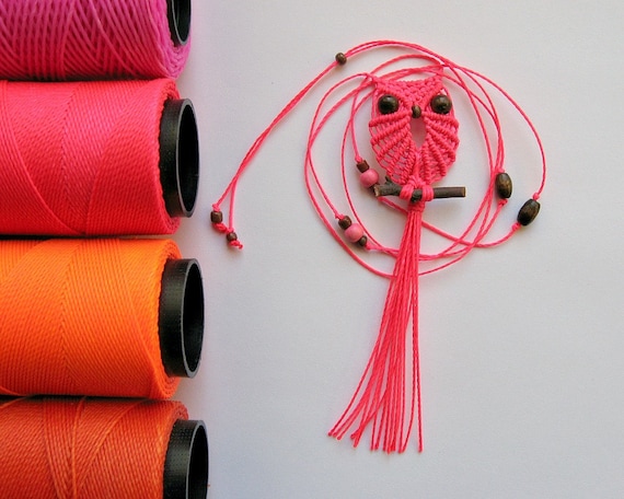 Neon Pink Macrame Owl Necklace
