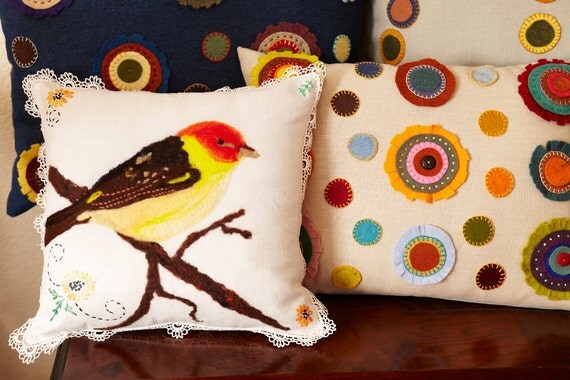 Western Tanager Bird Hankie Pillow, vintage, cushion, refurbished, needle felt, yellow bird