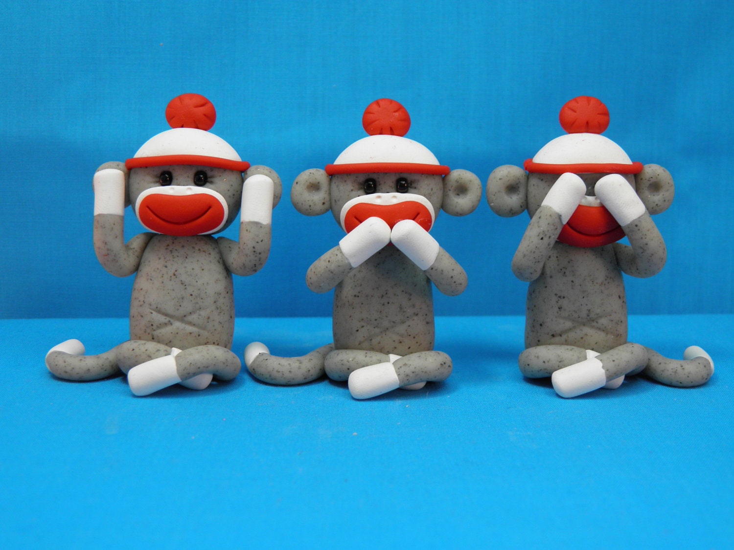 Three Wise Sock Monkeys See No Evil Speak No Evil Hear No Evil Polymer Clay
