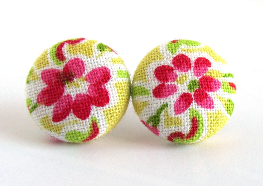 Stud earrings button spring yellow pink white green bright happy