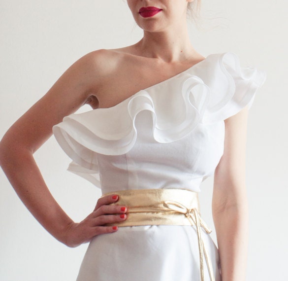 One Shoulder Ruffle White Linen Dress MadeToMeasure From LanaStepul