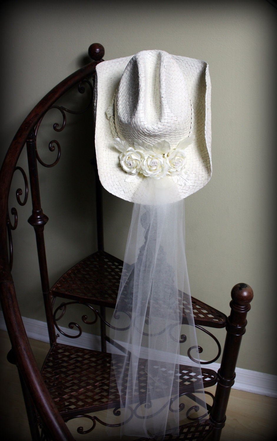 Ivory Cowgirl Hat Bridal Hat with Veil AttachedWestern Wedding Veil