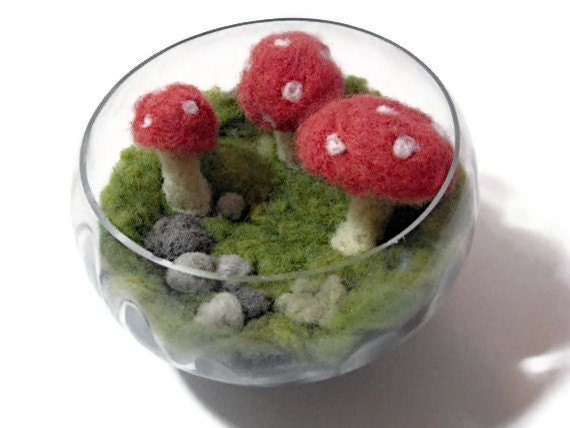 Mushroom Terrarium OOAK Needle Felted Non Living Terrarium Amanita Muscaria Fly Algeric