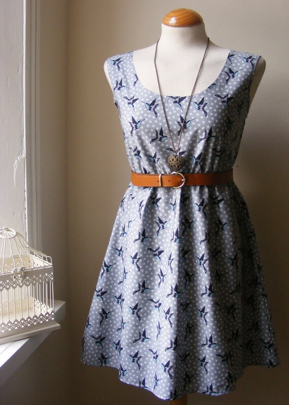 Jennifer Lilly Handmade Beautiful Swallows Bird Cotton Summer Dress in Pale Gray // Boho Spring Vintage Whimsical Dress (XS,S,M,L,XL)