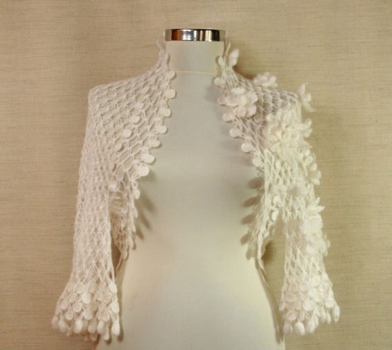 Pastoral Dreams / Crochet White Bridal Shrug (XS-S-M-L) 3D Flowers Wrap-Spring Summer Wedding Bridesmaid Bolero Jacket-Luxury Chic Feminine