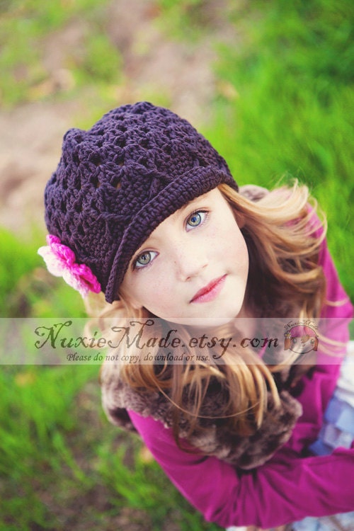 5TPreteen Flower Beanie with Brim Espresso Hot Pink Pastel Pink Leaf 