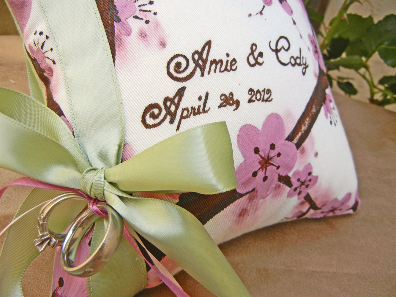 Personalized Ring Bearer Pillow with Hand Painted Cherry Blossoms in Sage