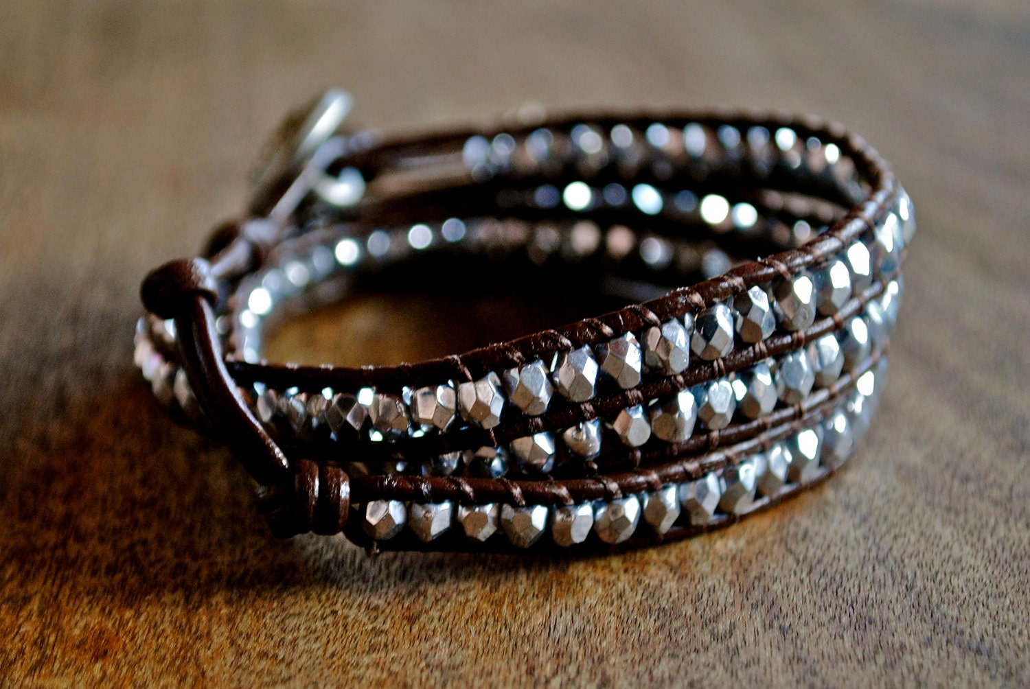 Silver and Brown Beaded Leather Wrap Bracelet Chan Luu Style