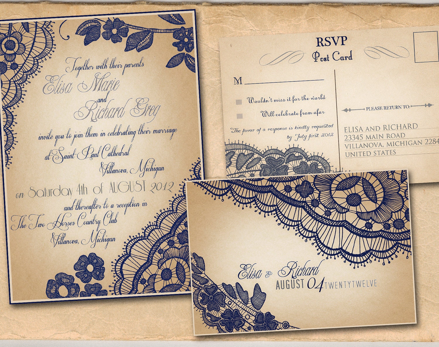 Printable VINTAGE WEDDING INVITATIONS Template Navy Blue Lace Set