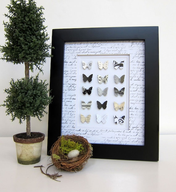 French Shabby Chic Black and White Paper Butterfly Collection Home Decor Cottage Chic