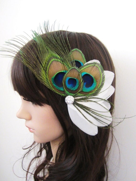 Stunning Peacock and  Ivory Goose Feather Fascinator