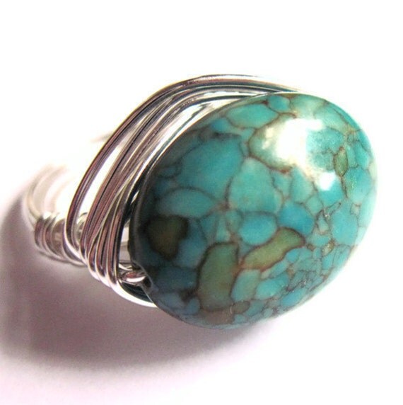 Wire Wrap Ring Turquoise Stone Unisex Fashion Jewelry Any Size