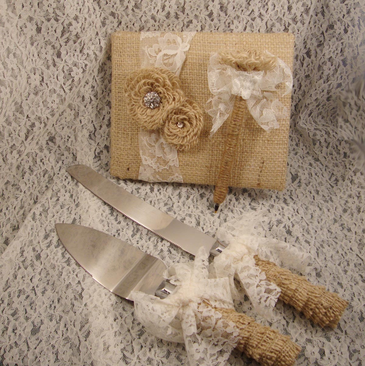Rustic Burlap Wedding Cake Servers and Guest Book Pen Set From ORomeo