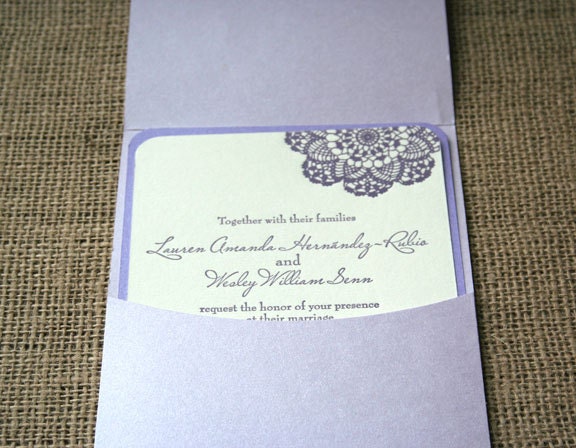 Lace Letterpress Rustic Wedding Invitation purple cream blue 