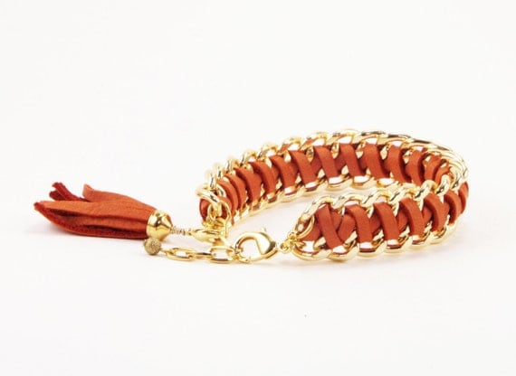 Burnt Orange Leather Braided Bracelet-Gold Bulk Chain Leather Bracelet-ECO Friendly Jewelry