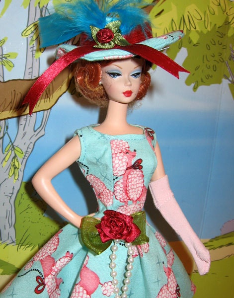 Barbie Retro vintage Style OOAK  Pink  French  Poodle turquoise Casual Sundress, Hat & Gloves  for Silkstone Dolls