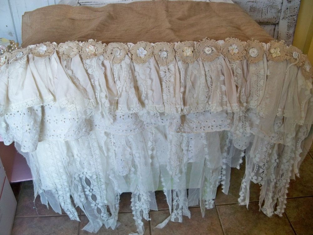 Handmade burlap lace tablecloth romantic white lace ruffle table linen ooak
