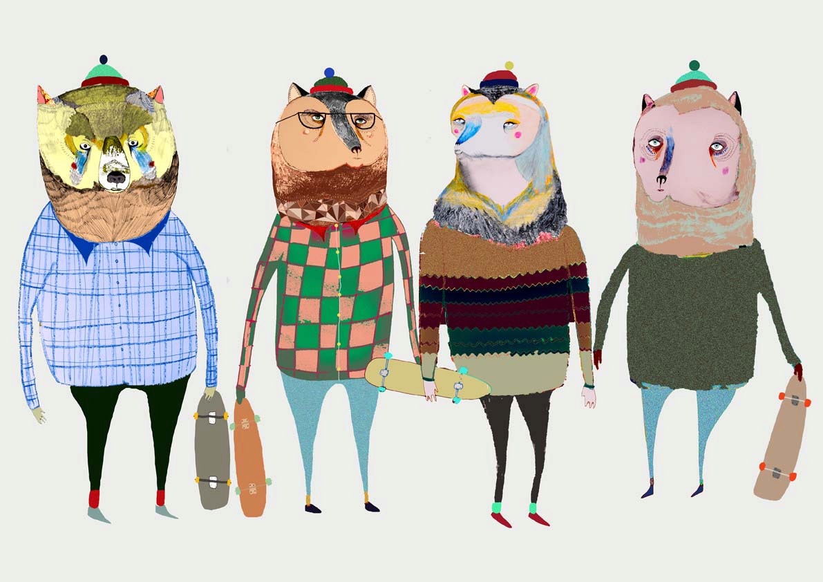 Skateboarding Bear Friends. limited edition print by Ashley Percival.