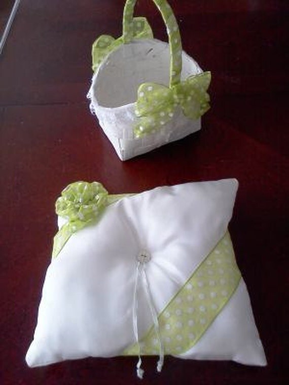 Lime green Wedding ring pillow flower girl basket set