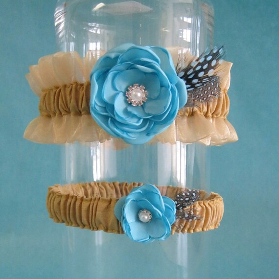 Tiffany Blue and Gold Organza Feather Rose Wedding Garter Set D251 bridal 