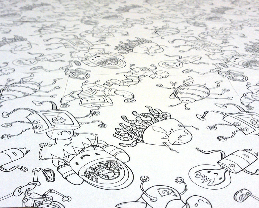 Printable Robot Coloring Book with Seamless Repeating Pattern