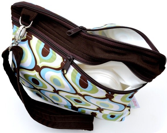 Medium Double Pocket Wet Bag / Adjustable and Removable Strap / Michael Miller Feeling Groovy Fabric  / Diapers / Gym / Swim / SEALED SEAMS - monkeyfootdesigns