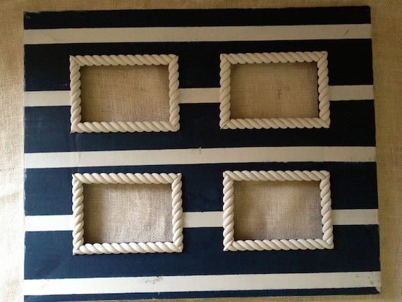 multiple opening distressed collage picture frame nautical stripes navy blue and cream 5x7