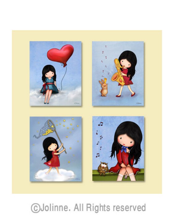 Sale, children wall art prints, kids room decor, girls nursery decoration , red, blue, sky owl, heart love childrens decor