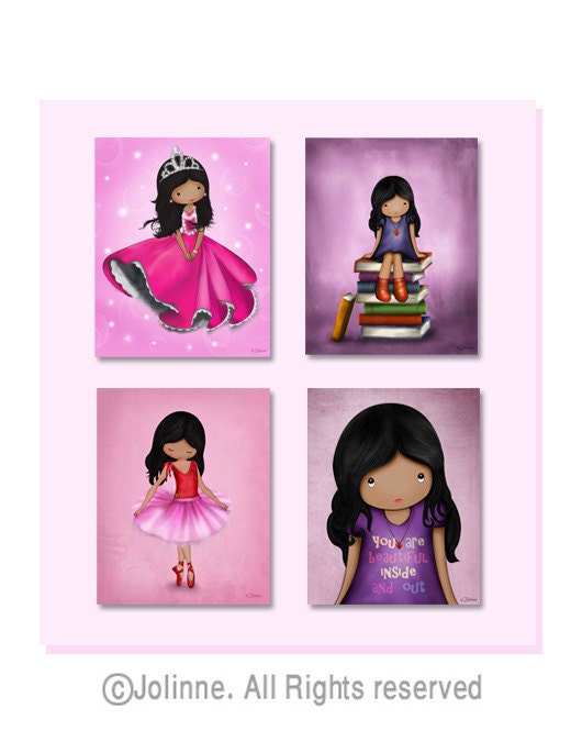 Dark skin girls wall art prints set , African american children room decor, princess, ballerina, books, nursery art prints
