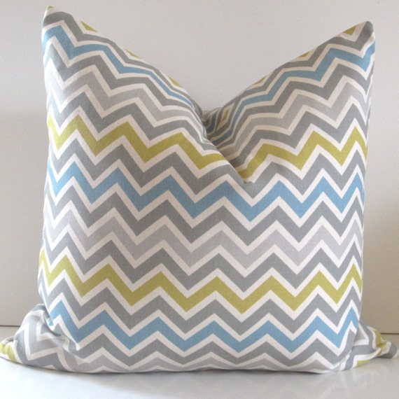 Chevron Pillow Cover - 20 inch - Chartreuse Gray Turquoise and Natural Cotton - decorative pillow - ready to ship