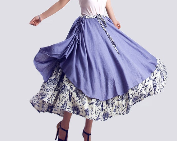 نور آبی گل کتانی MAXI لباس دامن (0096)