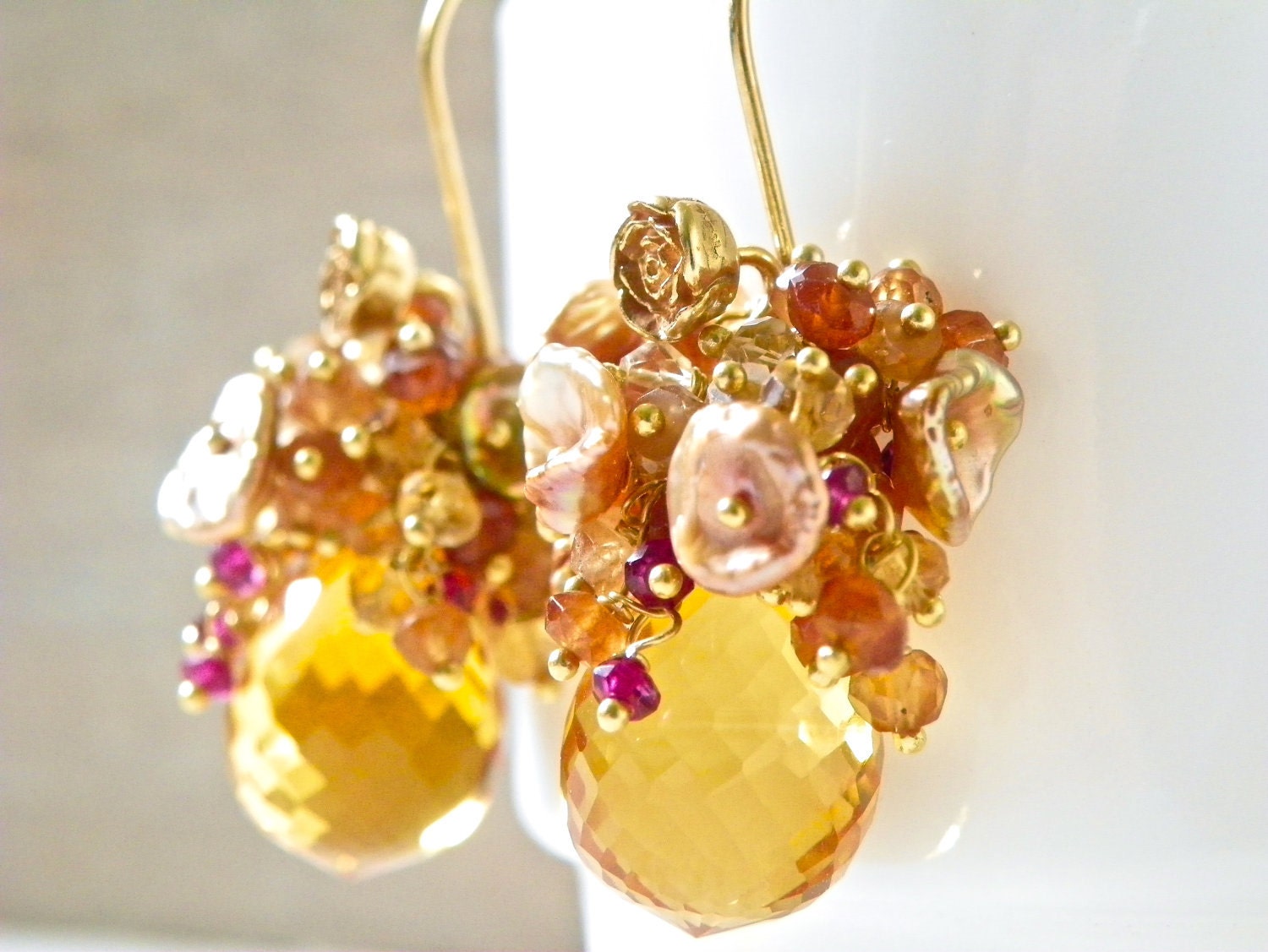 Cluster Earrings with Citrine and 14k Gold. Bright Summer Earrings. Statement Earrings. Free Shipping.
