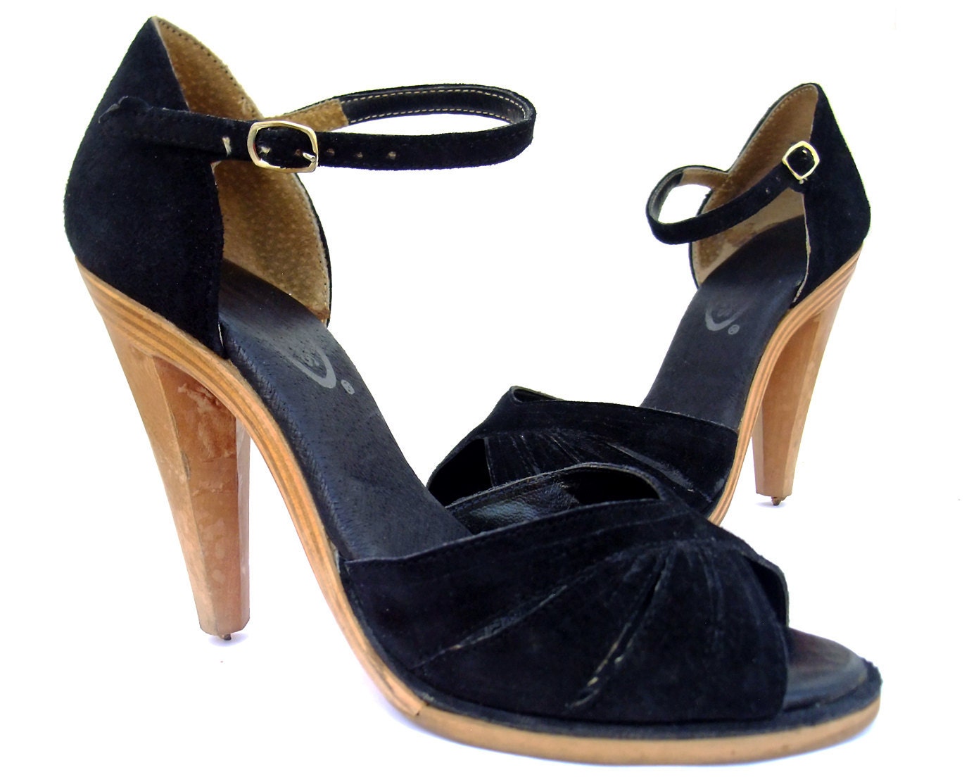 Vintage 70s Shoes Black Suede Wood Heel Ankle by mysweetiepiepie