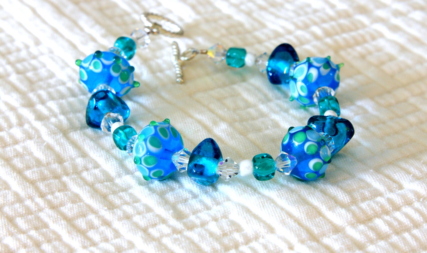 Aqua Artisan Bracelet Lampwork Bead Jewelry Swarovski Crystals Sterling Silver