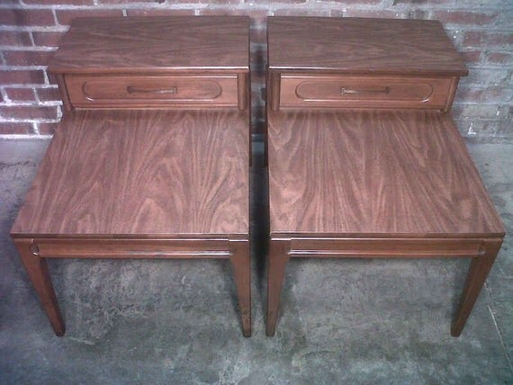 Mid-Century Danish Modern Step-Up End Table Pair / Lamp Table - Nice Eames Era Decor
