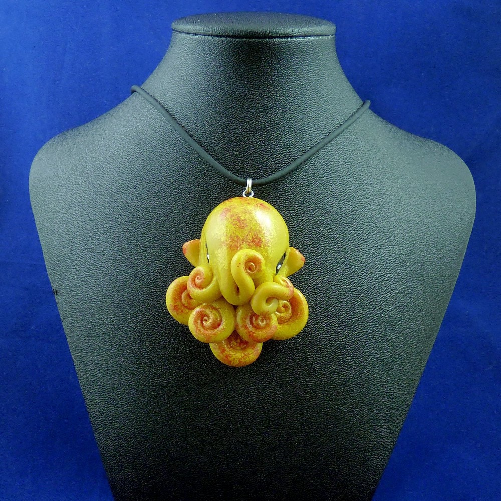 Solar Flare Octopus Necklace - Yellow Polymer Clay Cephalopod Jewelry