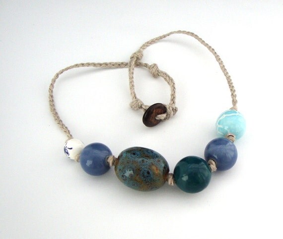 Eco style ceramic necklace, modern linen necklace, blue tones necklace, summer fashion necklace