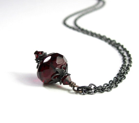 Garnet, Czech Glass, Black Antiqued Brass, Necklace