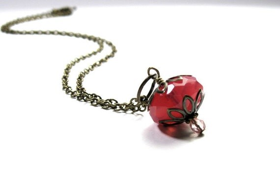 Pink Grapefruit, Czech Glass, Handmade Vintage Style Necklace
