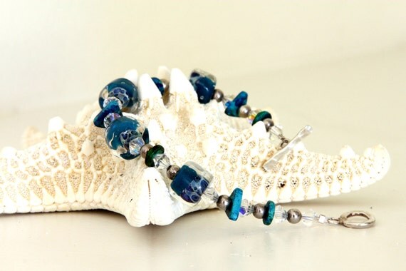 Blue Bead Bracelet Lampwork Jewelry Mykonos Chips Crystals Silver