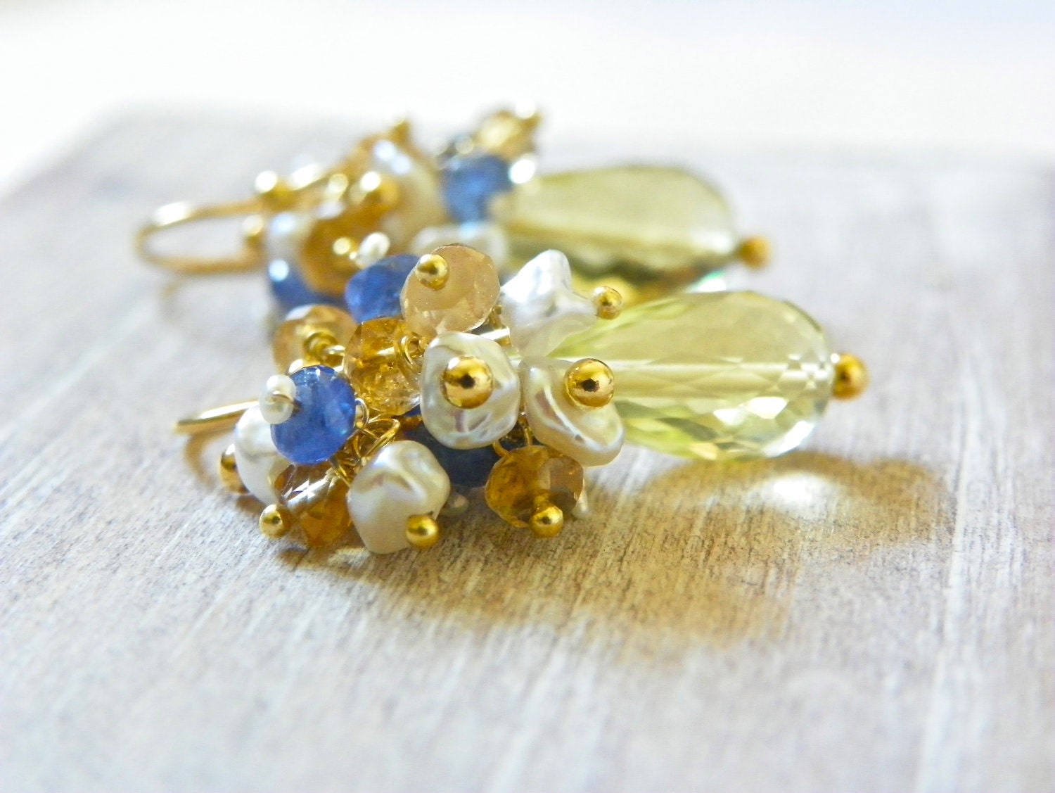 Sapphire Cluster Earrings with 14k Gold, Lemon Quartz and Pearls. Yellow Gemstone Earrings. Nautical Something Blue. Free Shipping,