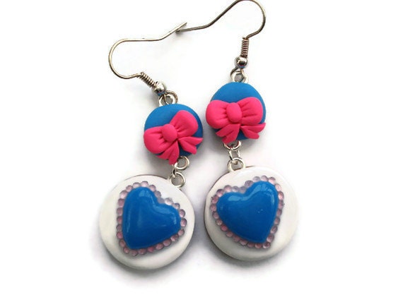 Kitsch Dangle Earrings  Hot pink blue and by KireinaJewellery |  Craft Juice :  dangle earrings blue kitsch hot pink