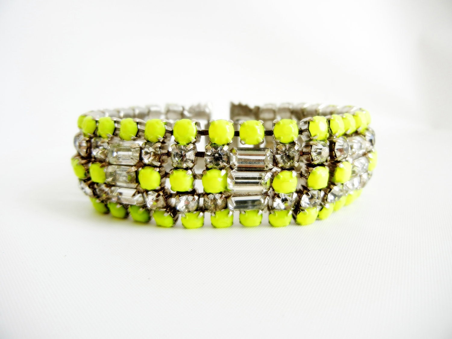 Vintage 1950s One Of A Kind Hand Painted Neon Yellow Bold  Rhinestone Bracelet
